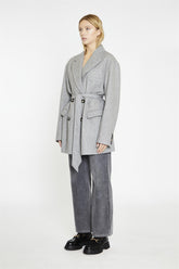 Grey Belted-Button-Front Oversized-Coat