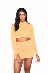 Golden-Yellow Cable-Knit-Long-Sleeve Crop-Top