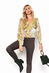 Smudgy Floral V-Neck Puff Sleeve Top with Button Detail