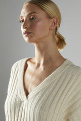 Ecru V-Neck-Knitted Midi-Dress