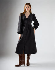 Dark Grey Corduroy V-Neck Button Midi Dress