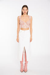 Pink Multi-Floral Lace Ruched Corset Crop-Top