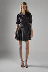 Black Sateen V-Neck Wrap Mini-Dress