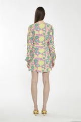 Pink-Multi-60S-Flower Wrap Mini-Dress