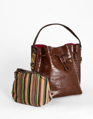 Brown Croc Embossed Drawstring Bucket Bag