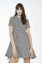 Black-White Diamond Crew-Neck Skater Mini-Dress