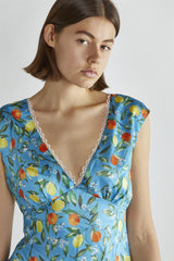 Blue Lemon-Print V-Neck Mini-Dress