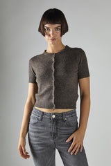 Dark-Brown-Marl Short-Sleeve Button-Front Crop Cardigan