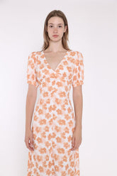 Apricot Blurred-Flower Ruched-Front Midi-Dress