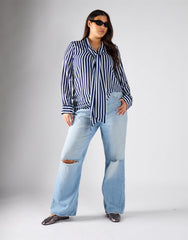 Navy Cream Stripe Bow-Collar Blouse