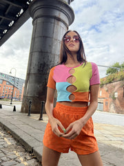 Multicolour Patchwork Cut-Out Crop-Top