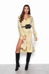 Ochre Shimmer Long Sleeve Midi Shirt Dress with Side Splits