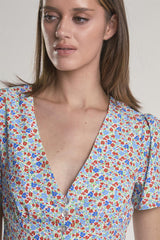 Blue-Red-Ditsy Button-Front Mini-Dress