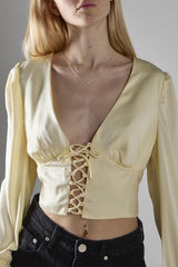 Cream-Sateen Lace-Up-Front Crop-Top