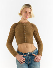 Mocha Long-Sleeve-Button-Front Crop-Top