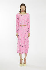 Pink Multi-Flower Bias-Cut Midi-Skirt