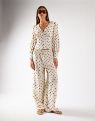 Natural Black Spot V-Neck Button-Up Top