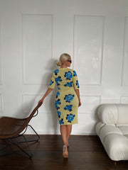 Yellow Blue Rose Crew Crop-Top