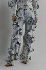 Acid Wash Flower Flared Jeans