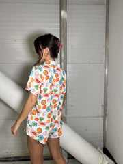 Multi Fruit Stickers Button Front Short-Sleeve-Shirt