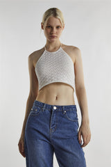 Off White Tie Neck Halter Crop-Top