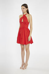 Poppy-Red Cross-Over Halterneck Corset Mini-Dress