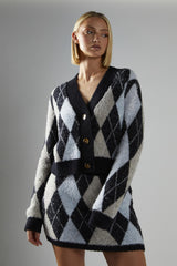 Black-Multi-Argyle Button-Down Cardigan