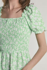 Green-Floral Square-Neck Short Sleeve-Playsuit