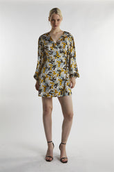 Mustard-Floral Wrap Mini-Dress