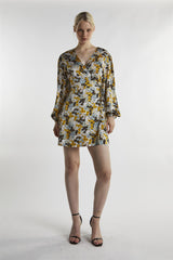Mustard-Floral Wrap Mini-Dress