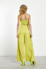 Lime-Satin Jacquard High-Waist Wide-Leg Trousers