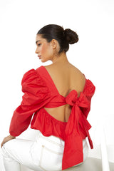 Red Puff Long Sleeve Open Back Top