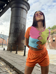 Multicolour Patchwork Cut-Out Crop-Top