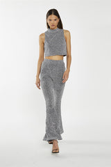 Silver-Sequin Plisse Flared-Trousers