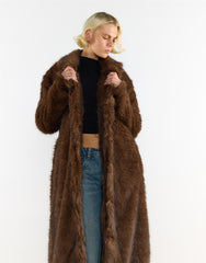 Belted Faux Fur Longline Coat in Brown