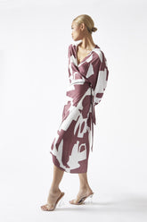 Dark-Rose Abstract Wrap Midi-Dress