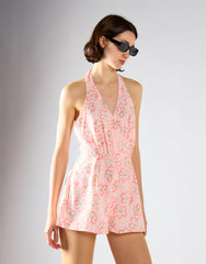 Pink Painted Floral Halter Tie Neck Playsuit