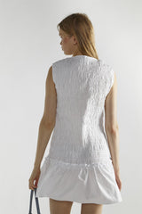 White Shirred V-Neck Mini-Dress