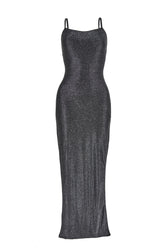 Black-Silver Glitter Strappy-Back Maxi-Dress