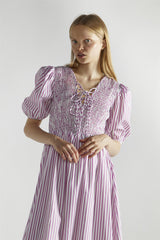 White-Purple-Stripe Tie-Front Midi-Dresses