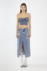 Heavy-Vintage Wash Front-Split Distressed Denim Midi-Skirt