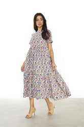 Multi-Geo-Swirl Round-Neck-Loose Midi-Dress