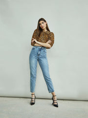 Leopard Print Long Sleeve High Neck Crop Top