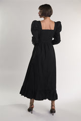 Black Puff-Long-Statement-Sleeve Maxi-Dress