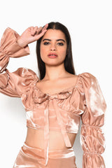 Nude Shimmer Gather Sleeve Crop top with Rushed Bust detail