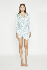 White-Mint Paisley Satin Wrap Mini-Dress