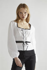 White-Black Square-Neck Long-Sleeve Top