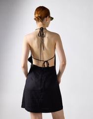 Open Tie Back Mini Dress - Black Linen