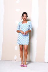 Blue Check Square Neck Long Sleeve Mini Dress