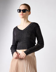 Black Glitter Knit V-Neck Long Sleeve Crop Top